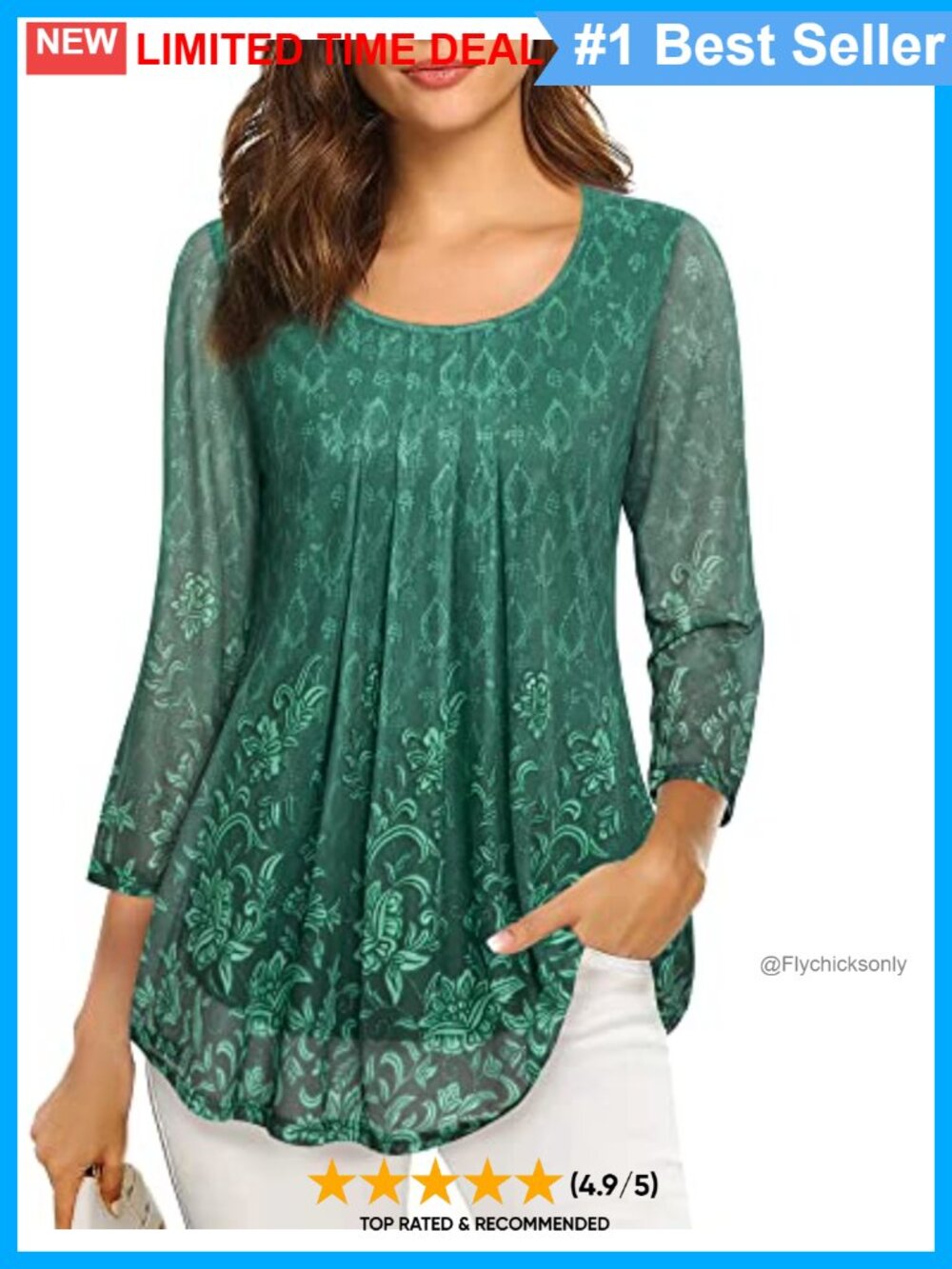 Womens 3/4 Sleeve Floral Tunic Top Pleated Layered Blouse Loose Fit Mesh Casual